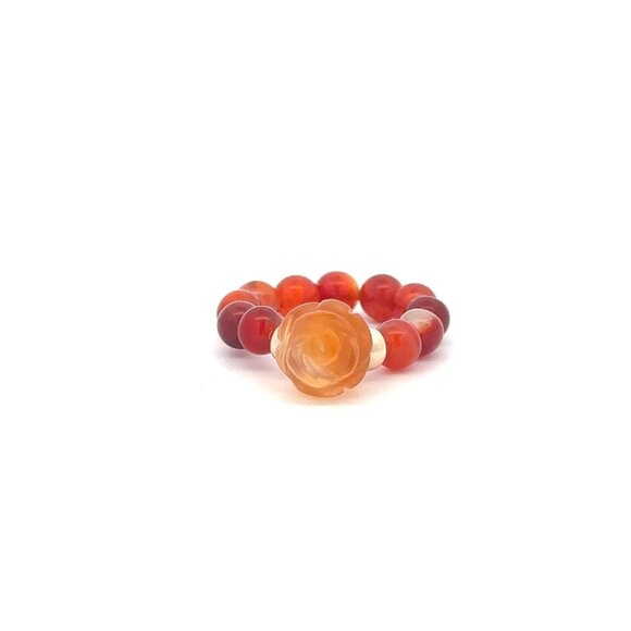 RAFANTHIA Jewelry - Red Agate Flower Gemstone Beads Stretch Ring with 14K Gold Bead